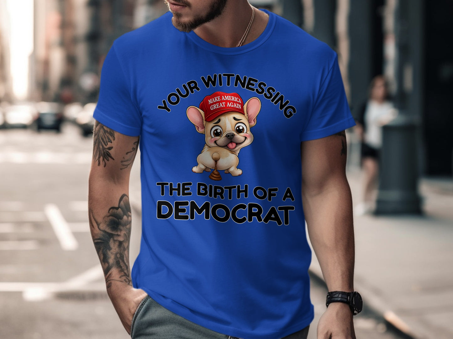 Blue t-shirt with cartoon dog wearing a "Make America Great Again" hat and text.