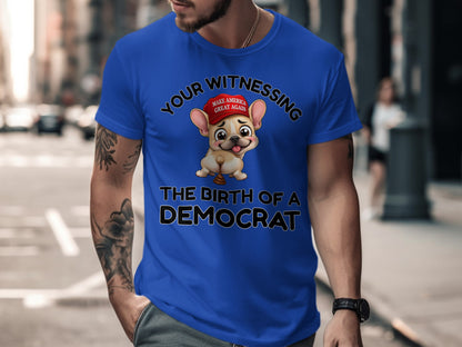 Blue t-shirt with cartoon dog wearing a "Make America Great Again" hat and text.