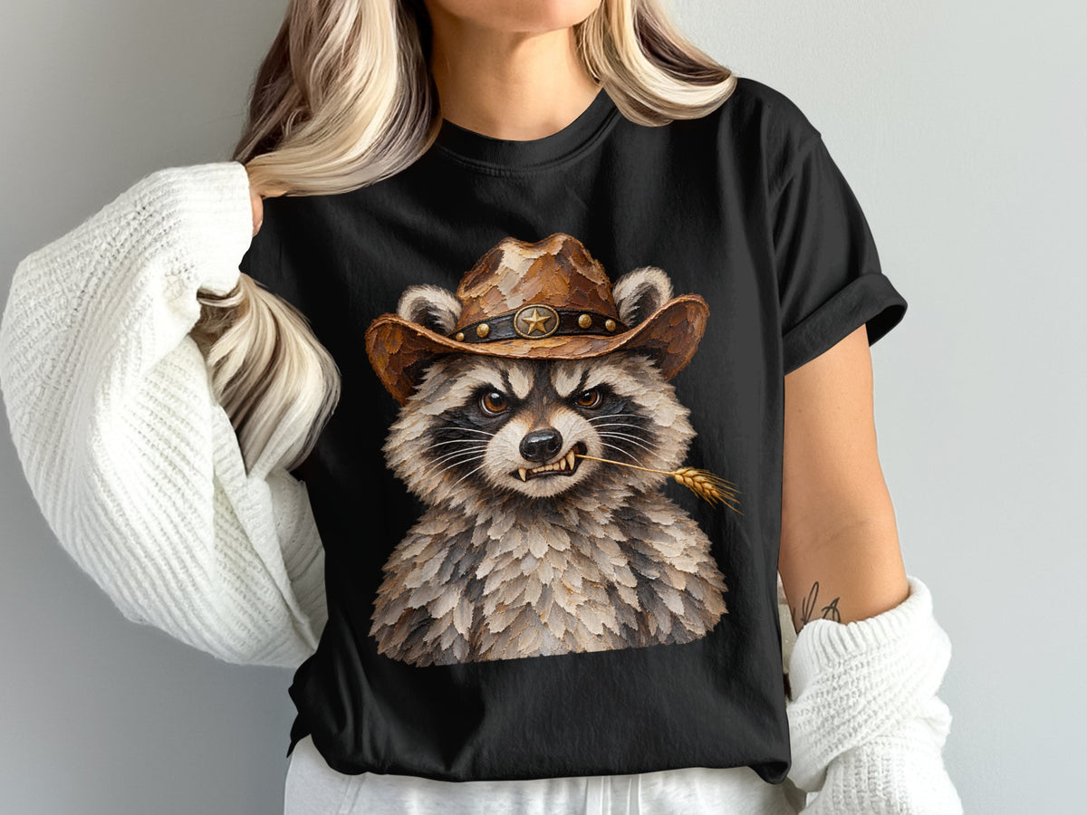 Black t-shirt with a watercolor graphic of a raccoon wearing a cowboy hat and holding a wheat stalk.