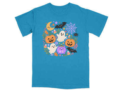 Teal t-shirt with a Halloween graphic of pumpkins, ghosts, bats, and a moon.