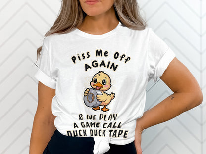 White t-shirt with a graphic of a duck holding duct tape and text.