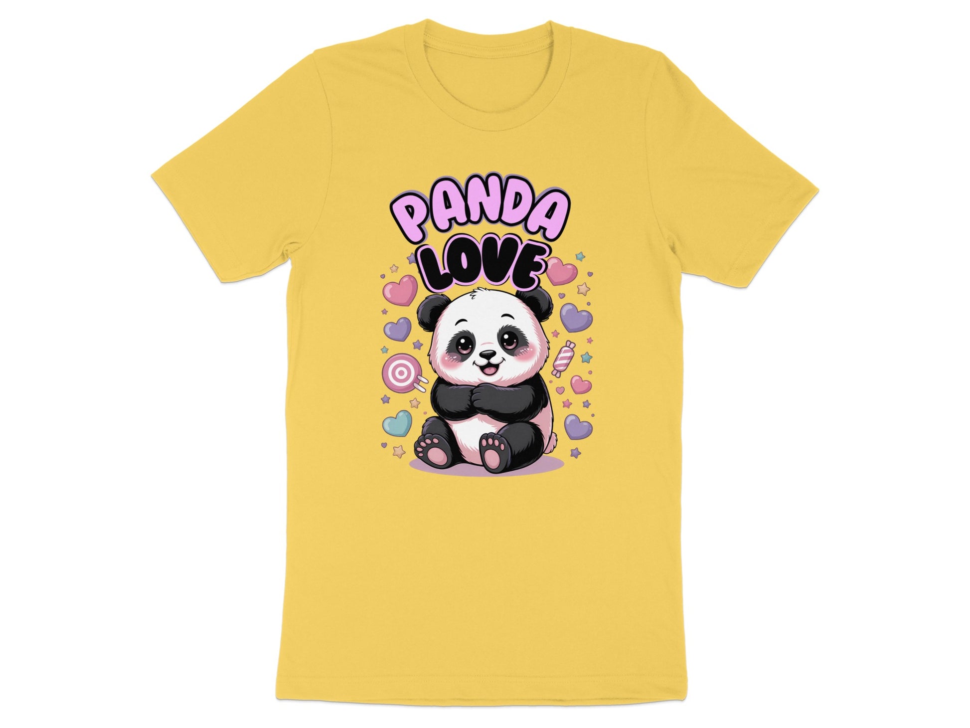 Yellow t-shirt with a cute panda character and the text "PANDA LOVE".