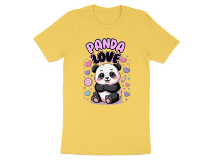 Yellow t-shirt with a cute panda character and the text "PANDA LOVE".