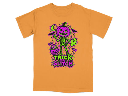 Orange t-shirt with skeleton, pumpkin head, candy, and "Trick or Glitch" text.