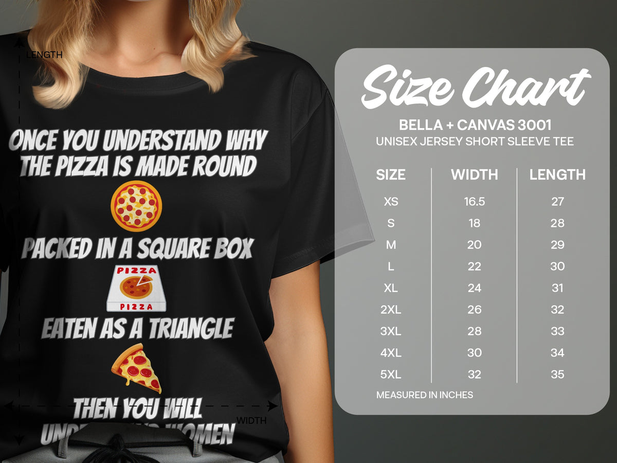 Black t-shirt with pizza graphic and size chart for Bella + Canvas 3001 tee.