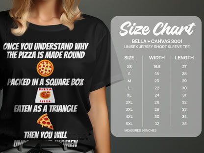 Black t-shirt with pizza graphic and size chart for Bella + Canvas 3001 tee.