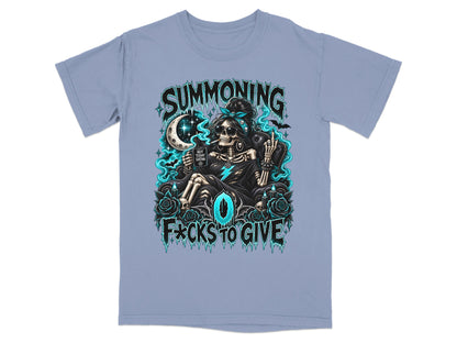 Light blue t-shirt featuring a skeleton graphic with the text Summoning Zero F*cks To Give.