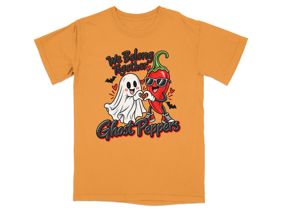 Ghost and chili pepper with sunglasses make heart shape, "We Belong Together Ghost Peppers" text.