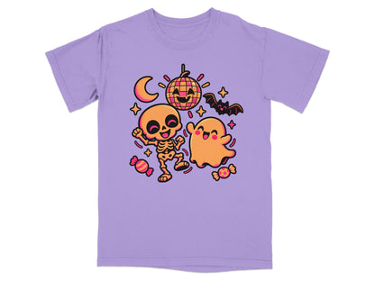 A skeleton and ghost dance under a disco ball with a moon and bat.