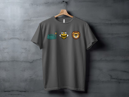 Grey t-shirt with cartoon hose, bee, and lion graphic.