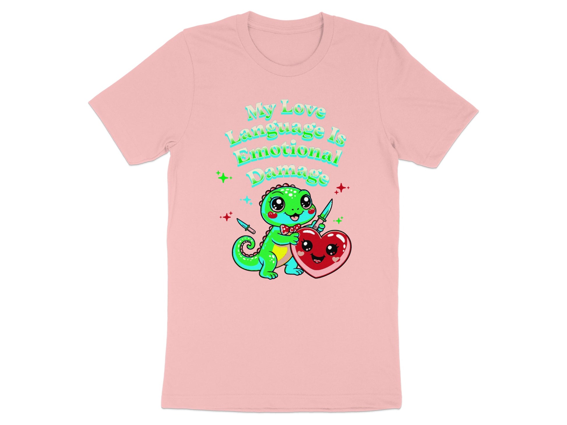 Green dinosaur holding a heart, with knives and text "My Love Language Is Emotional Damage".