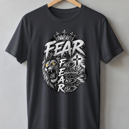 Dark grey t-shirt with a graphic of a roaring lion, crown, cross, and text.