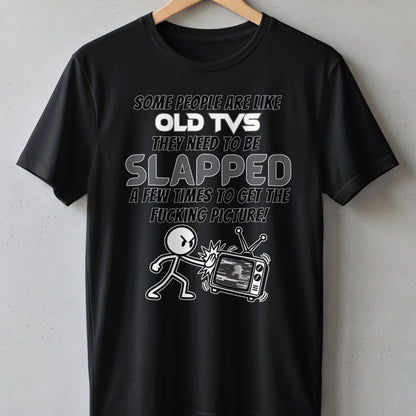 Black t-shirt with text and stick figure hitting a TV.