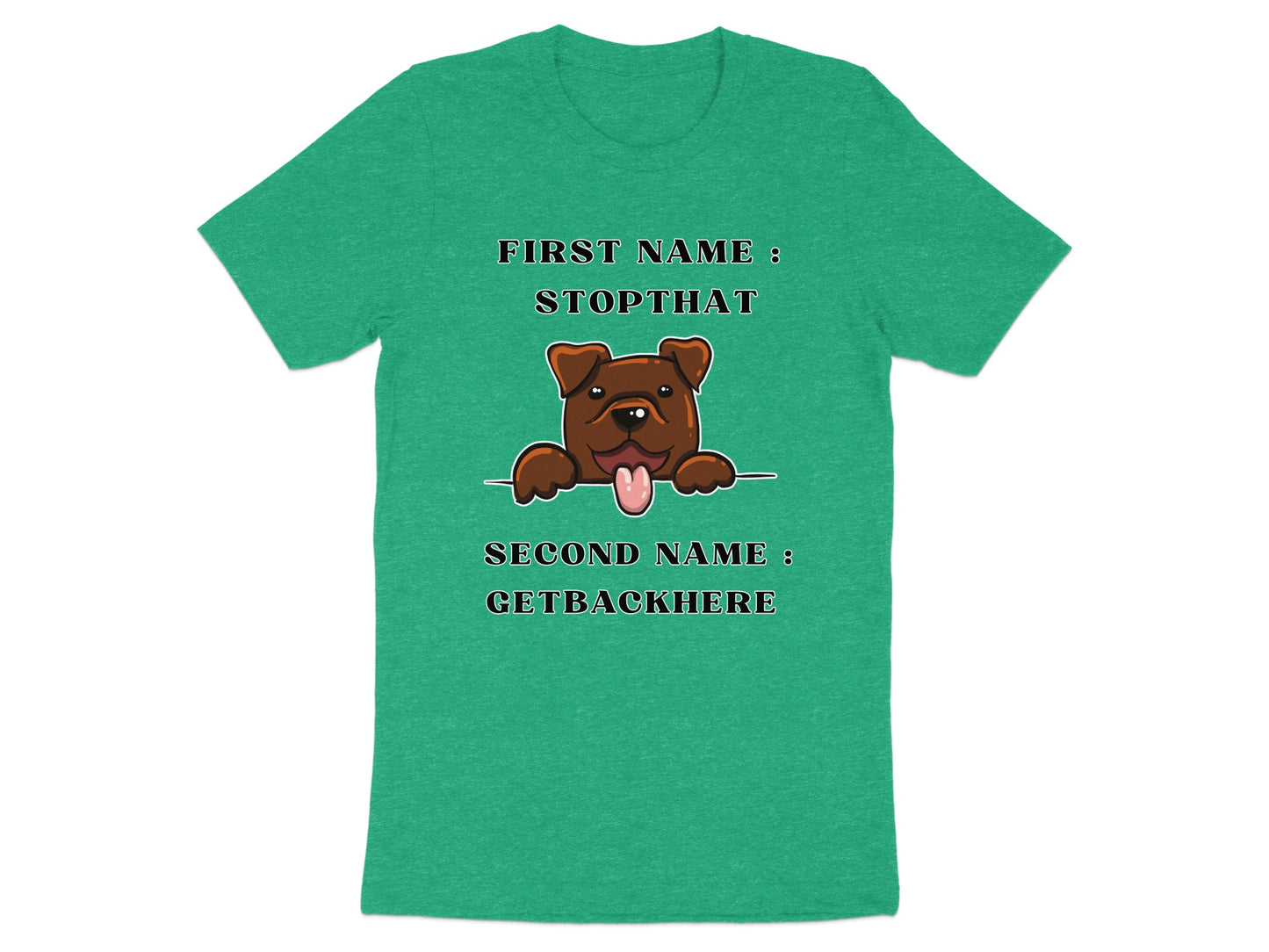 Green t-shirt with a cartoon dog and text "FIRST NAME: STOPTHAT SECOND NAME: GETBACKHERE".