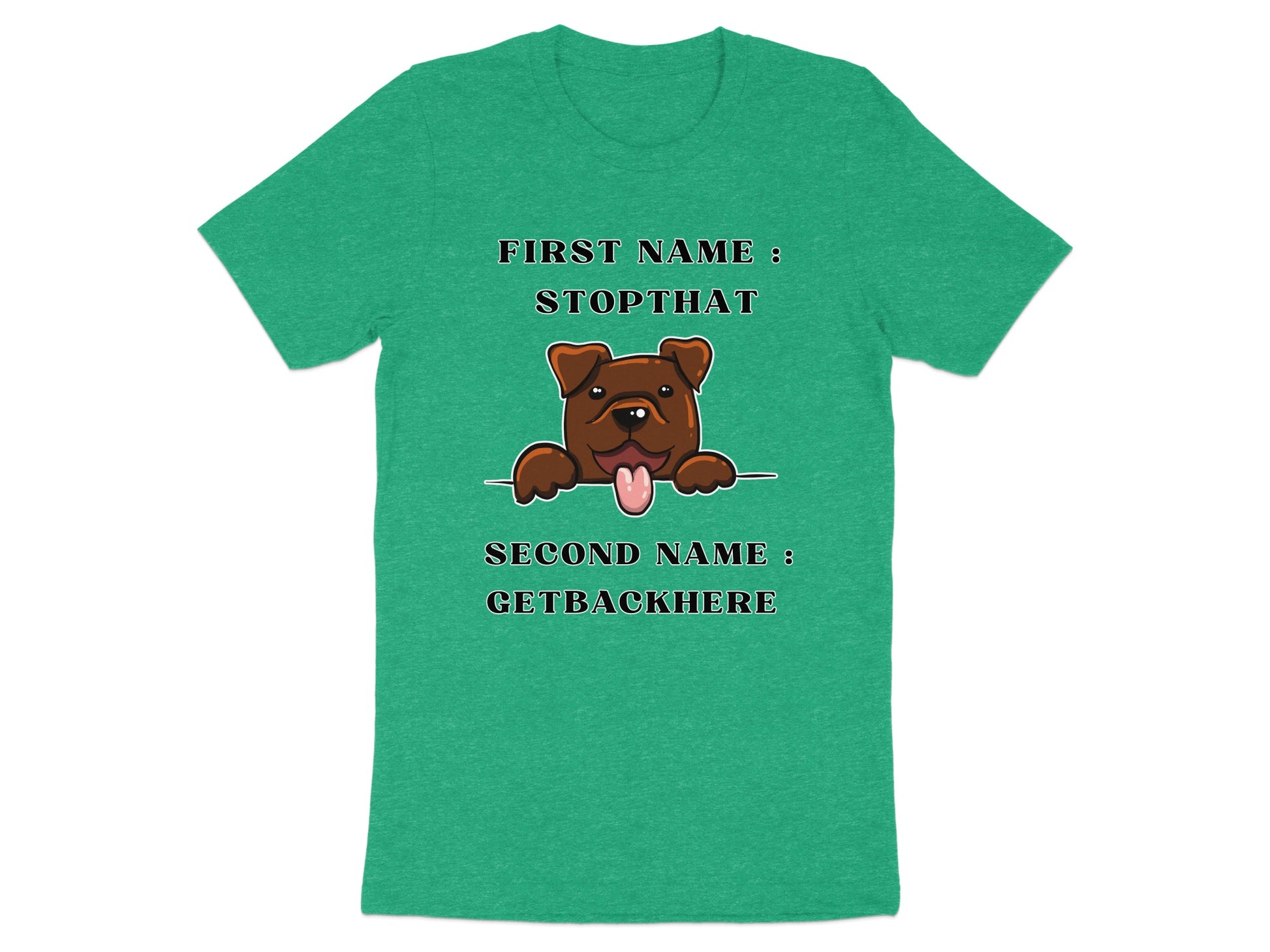 Green t-shirt with a cartoon dog and text "FIRST NAME: STOPTHAT SECOND NAME: GETBACKHERE".