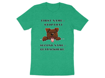 Green t-shirt with a cartoon dog and text "FIRST NAME: STOPTHAT SECOND NAME: GETBACKHERE".