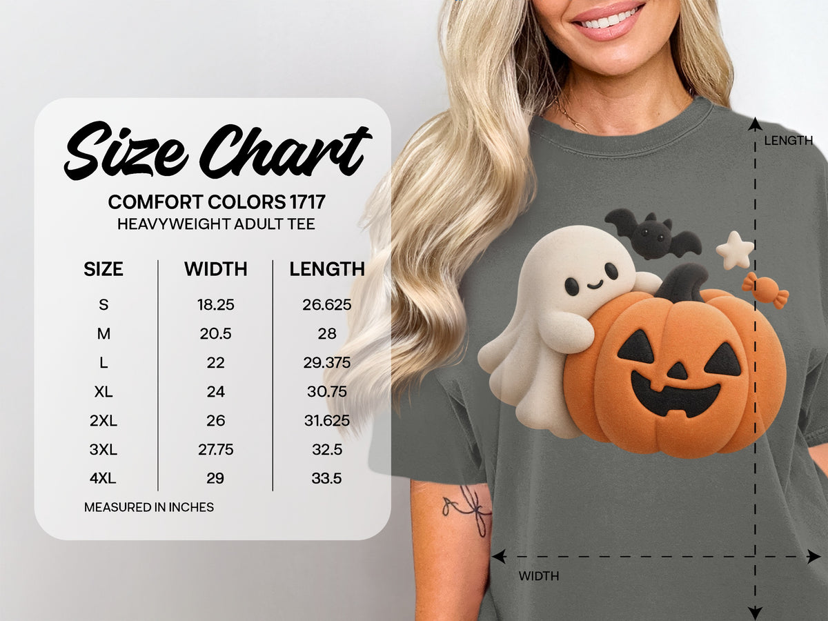 Comfort Colors 1717 heavyweight adult tee size chart with width and length measurements in inches.