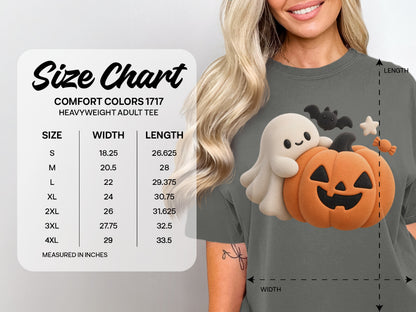 Comfort Colors 1717 heavyweight adult tee size chart with width and length measurements in inches.