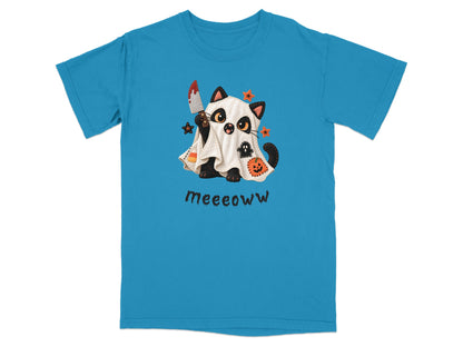 Cute Halloween cat dressed as a ghost holding a bloody knife with text "meeoww".