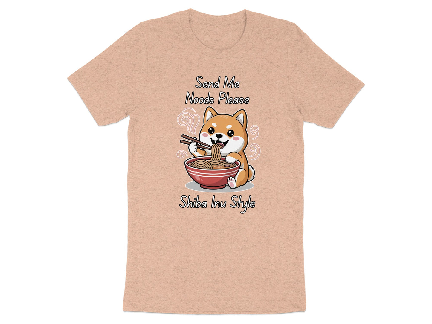 Shiba Inu eating noodles with text "Send Me Noods Please Shiba Inu Style".