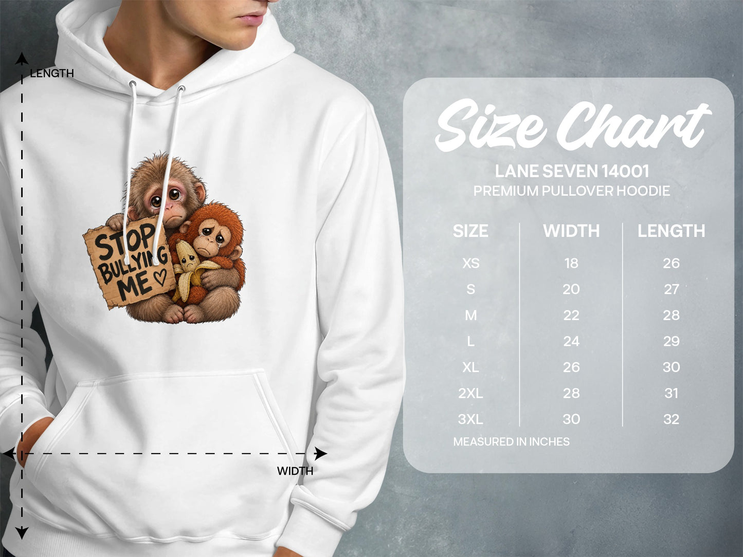 White hoodie with sad monkeys holding "STOP BULLYING ME" sign and banana. Includes size chart.