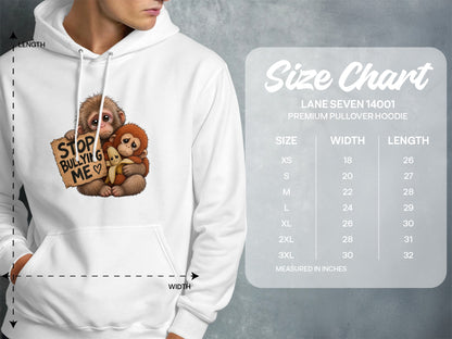 White hoodie with sad monkeys holding "STOP BULLYING ME" sign and banana. Includes size chart.