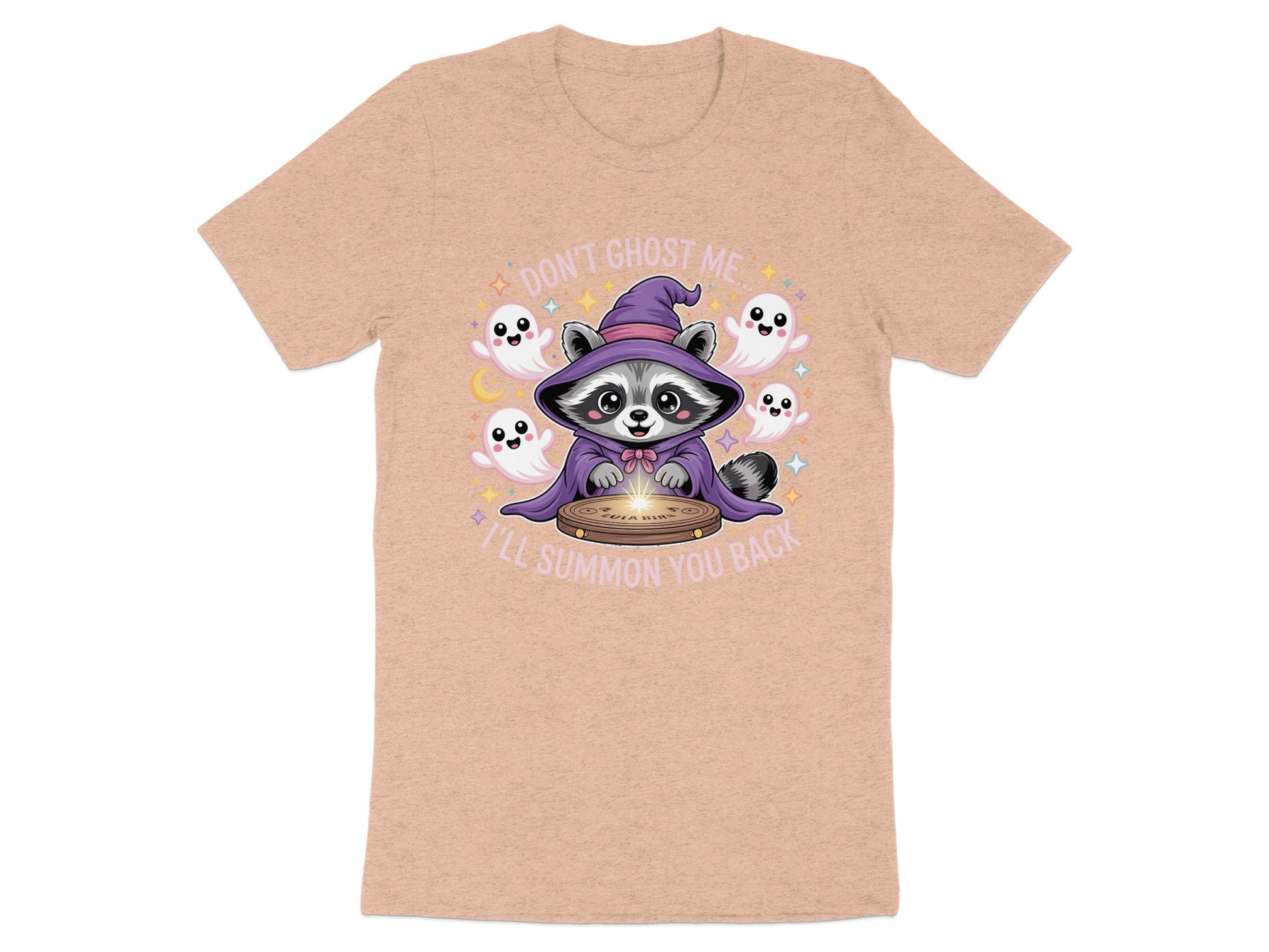 Raccoon in witch hat with ghosts, saying "Don't Ghost Me, I'll Summon You Back".