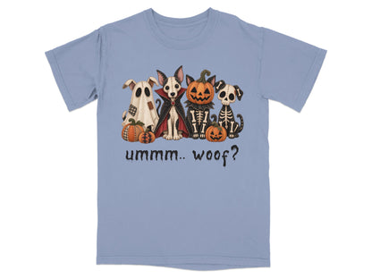 Halloween dogs as ghost, vampire, skeleton, and jack-o'-lantern with text "ummm.. woof?".