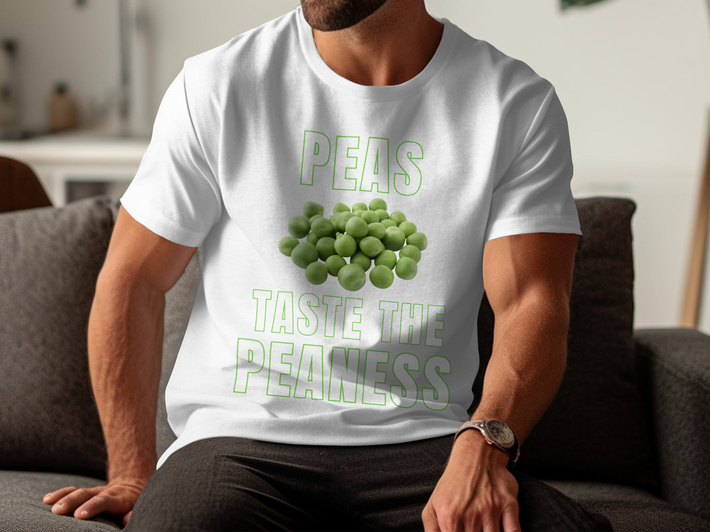 White t-shirt with green text "PEAS TASTE THE PEANESS" and a pile of peas.