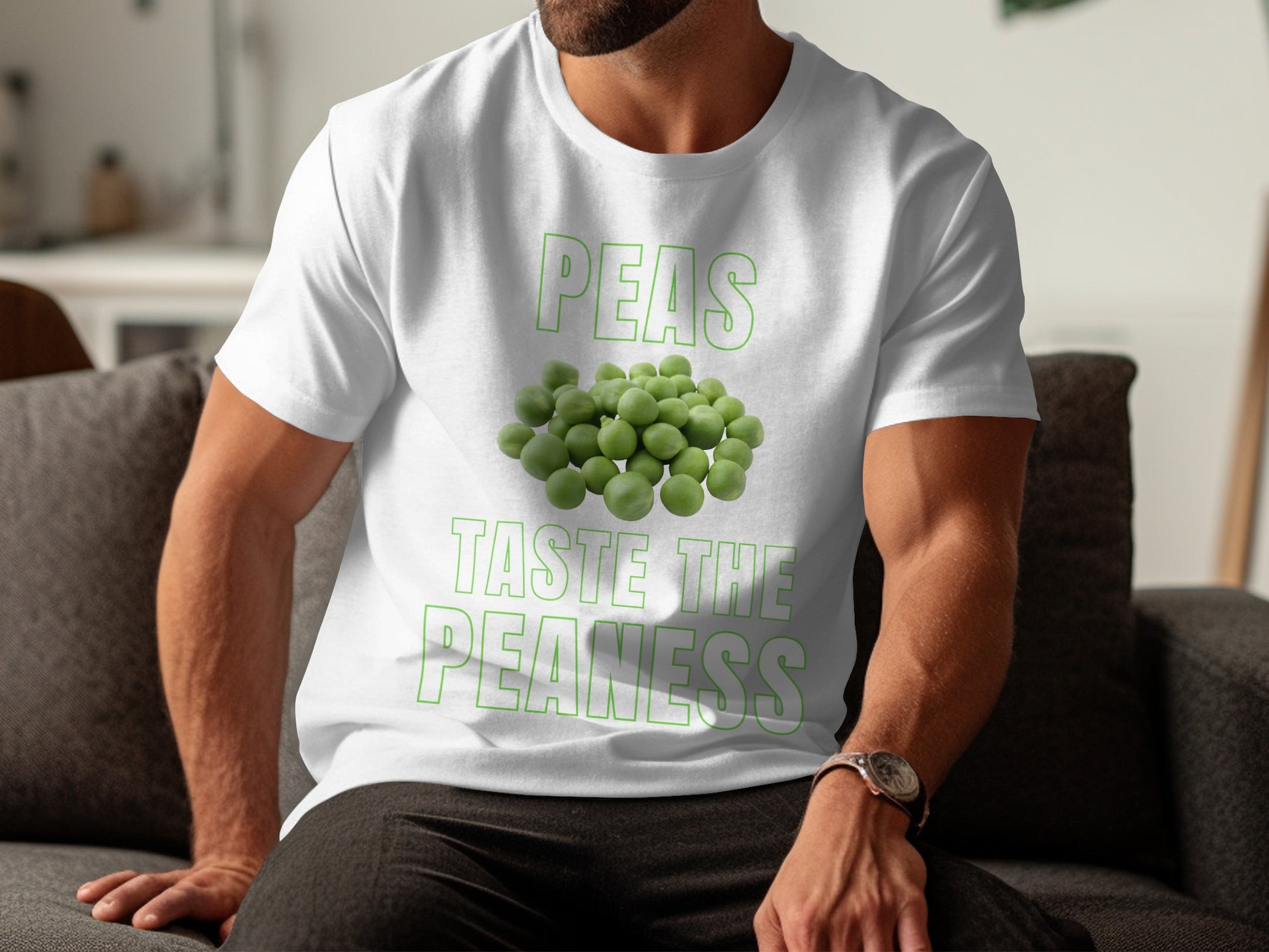 White t-shirt with green text "PEAS TASTE THE PEANESS" and a pile of peas.