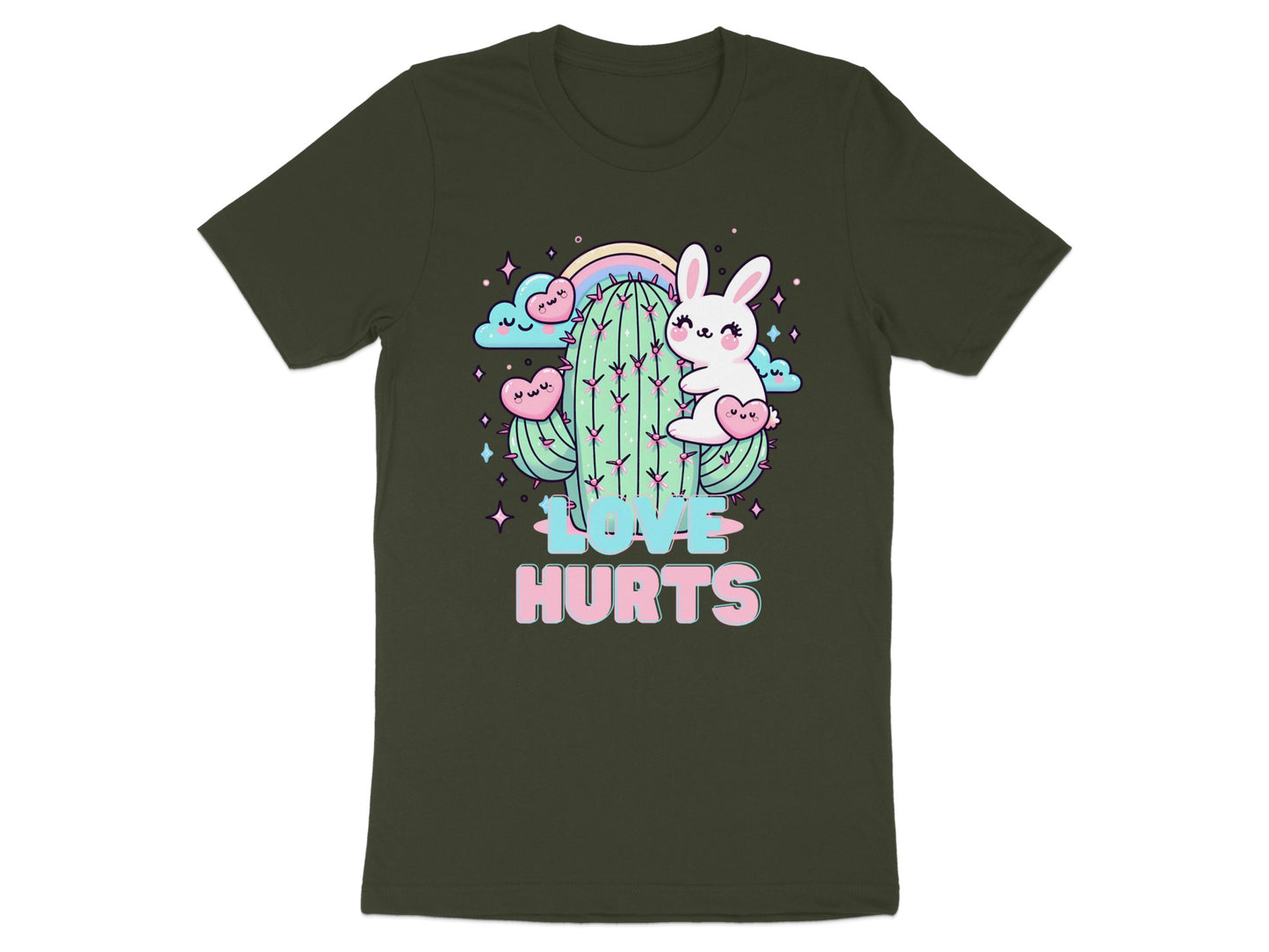 T-shirt with cartoon cactus, bunny, hearts, clouds, and text "LOVE HURTS".