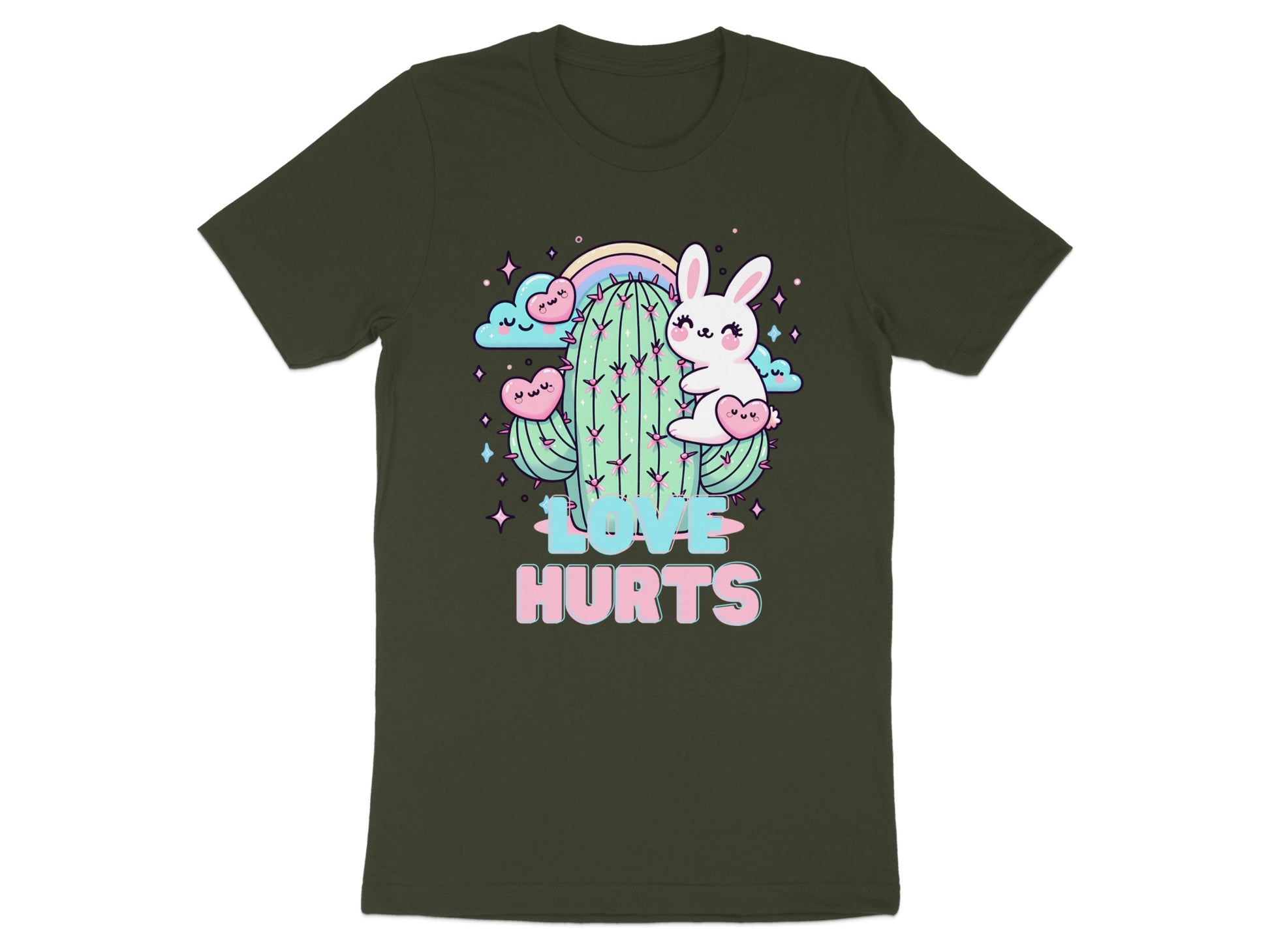T-shirt with cartoon cactus, bunny, hearts, clouds, and text "LOVE HURTS".