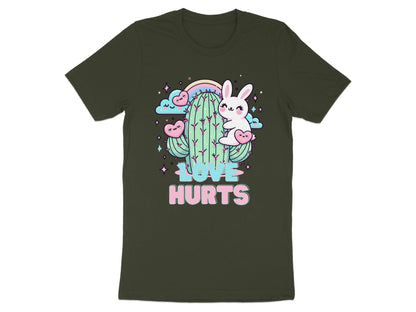 T-shirt with cartoon cactus, bunny, hearts, clouds, and text "LOVE HURTS".