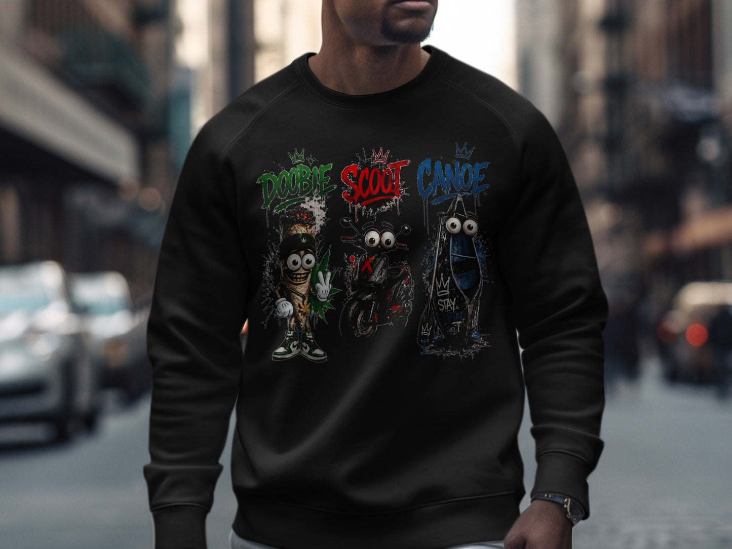 Black sweatshirt with "Doobie," "Scoot," and "Canoe" text and cartoony characters.