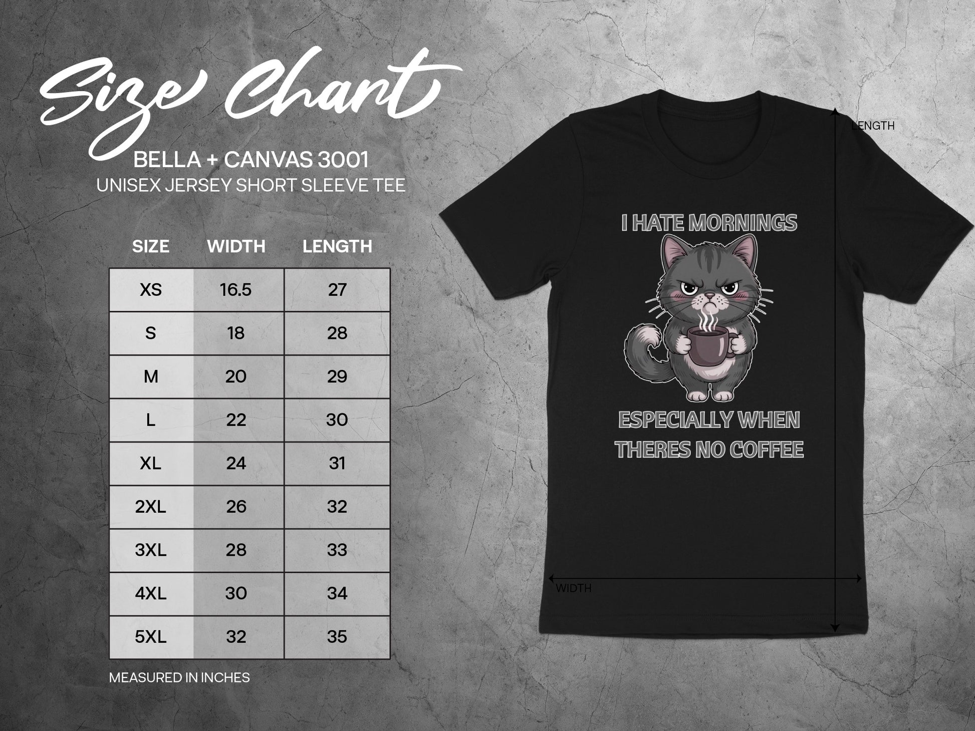 Bella + Canvas 3001 unisex tee with a grumpy cat graphic and size chart.
