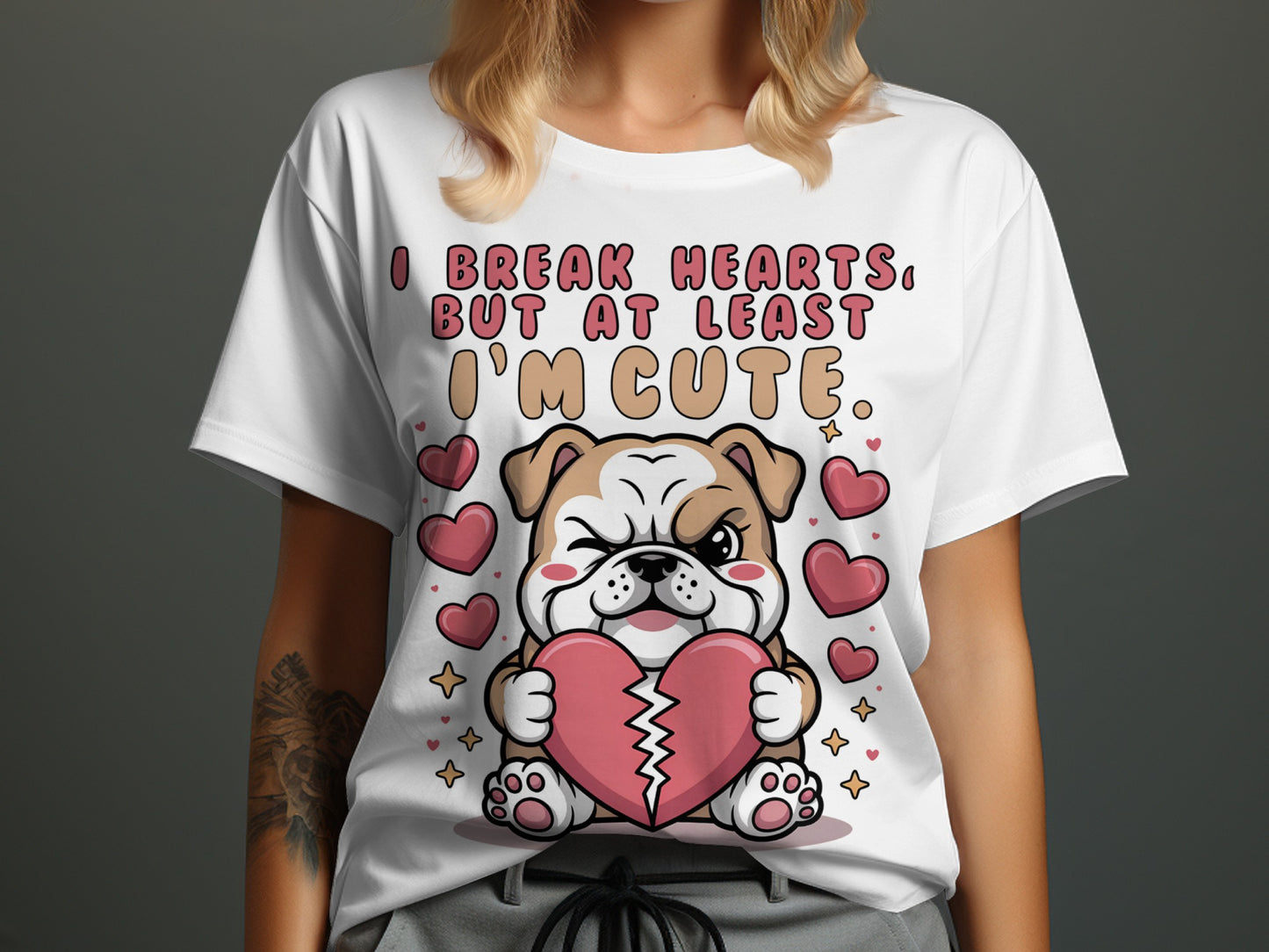 White t-shirt with bulldog holding a broken heart and text "I BREAK HEARTS, BUT AT LEAST I'M CUTE."