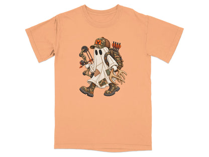 Ghost hunter with bow, arrows, backpack, and deer antlers on peach t-shirt.