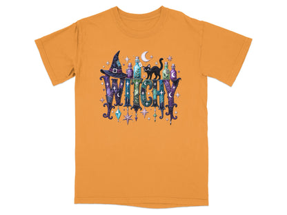 Orange t-shirt with "WITCHY" text, witch hat, potions, black cat, and moon.