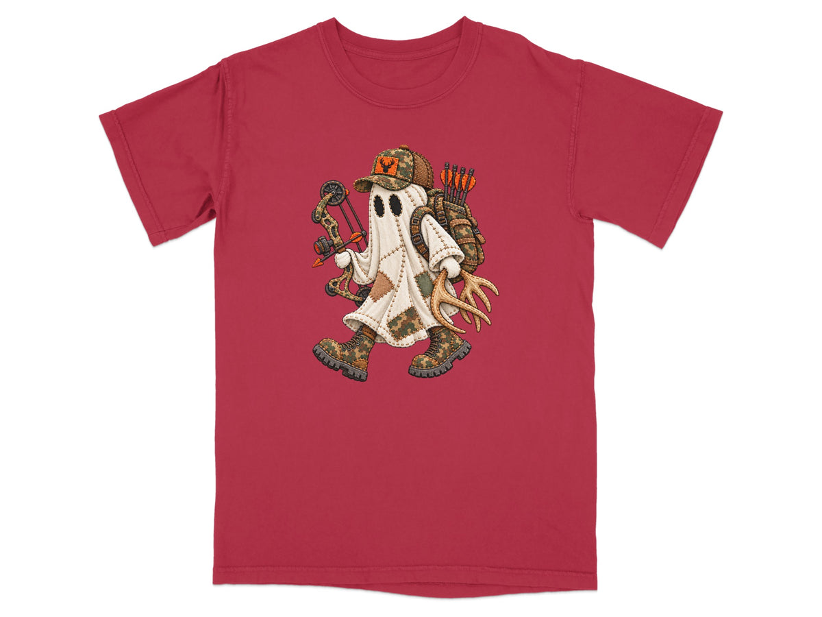 Ghost character in hunting gear with bow, arrows, and antlers.