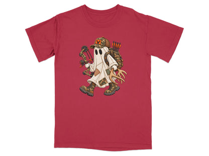 Ghost character in hunting gear with bow, arrows, and antlers.