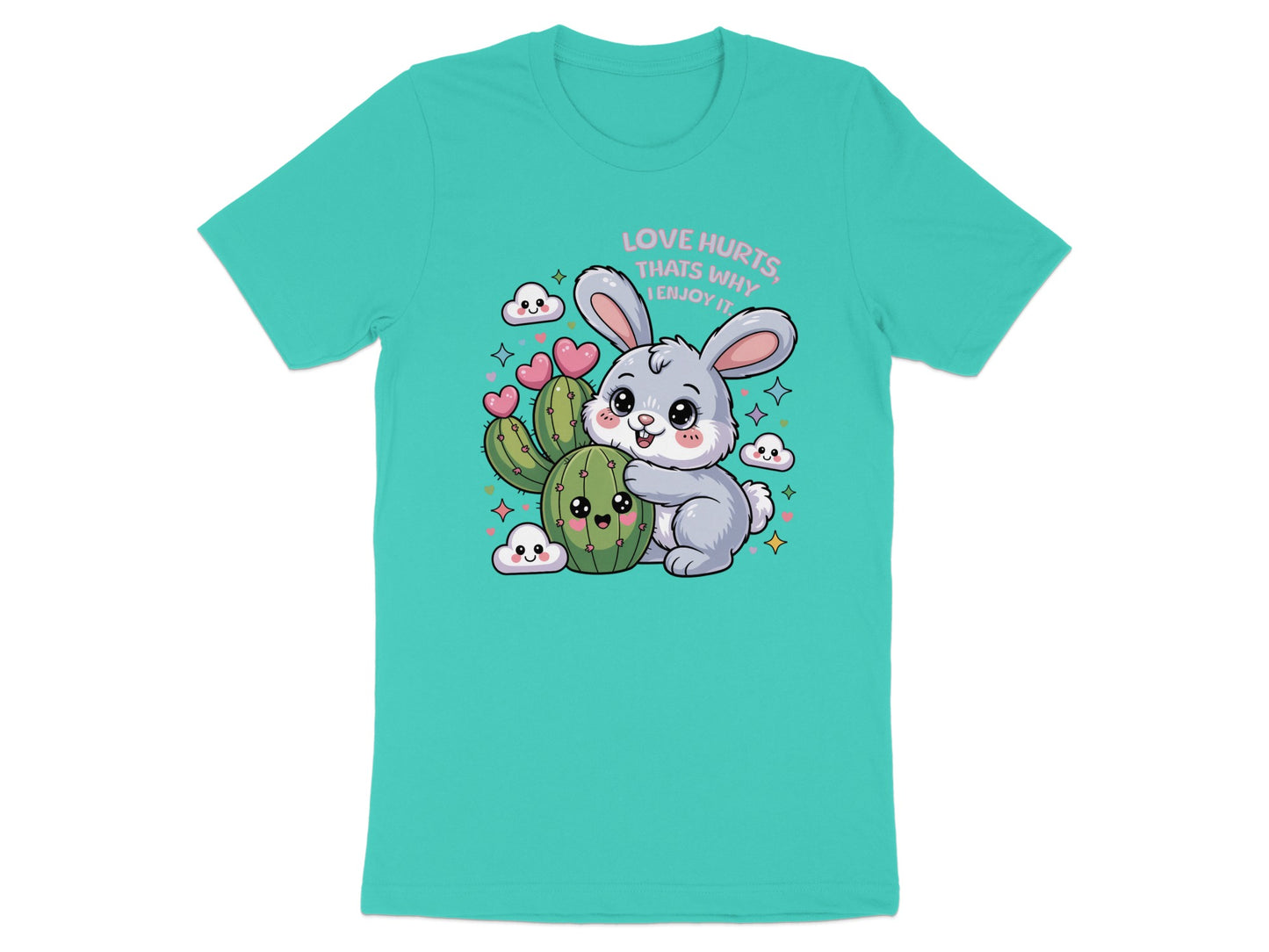 Bunny hugging cactus with text "Love hurts, that's why I enjoy it".