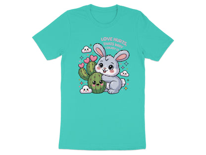 Bunny hugging cactus with text "Love hurts, that's why I enjoy it".