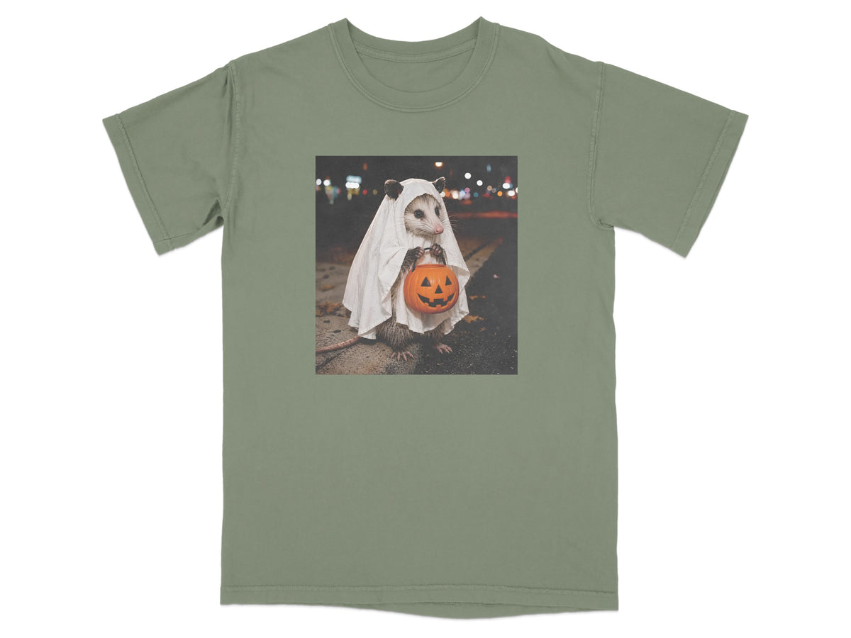 Opossum wearing a ghost costume and holding a jack-o'-lantern bucket.