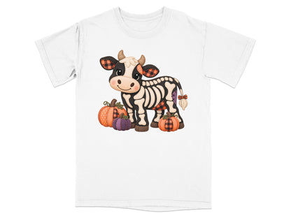Cow skeleton with plaid accents and pumpkins on white t-shirt.