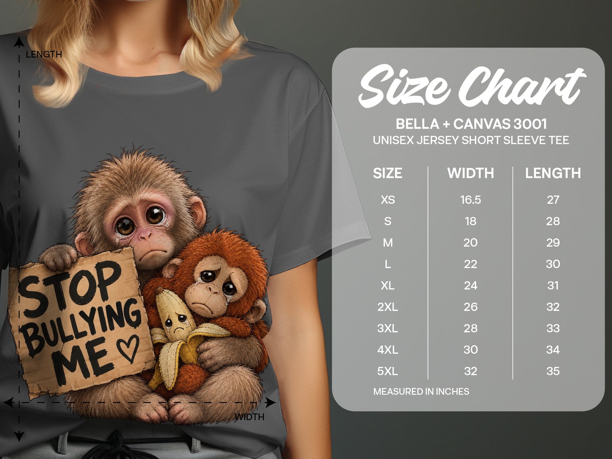 Two sad monkeys holding a sign that says "STOP BULLYING ME" and a banana.