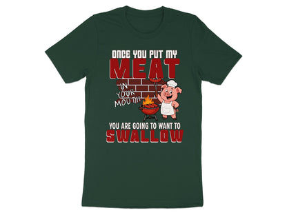 Cartoon pig in chef's hat grilling sausages with text "Once you put my meat in your mouth, you are going to want to swallow."