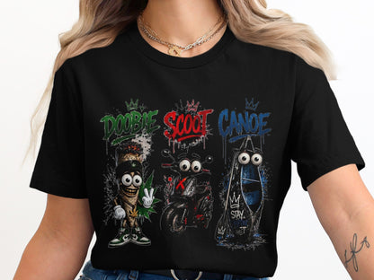 Black t-shirt with cartoon joint, scooter, and canoe with crowns and graffiti text.