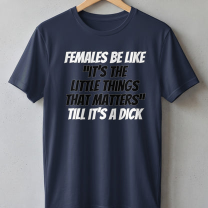 Navy t-shirt with text "Females be like 'It's the little things that matters' till it's a dick".