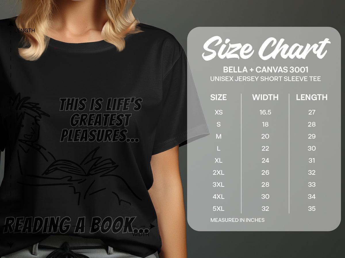 Black t-shirt with graphic and size chart for Bella + Canvas 3001 unisex tee.