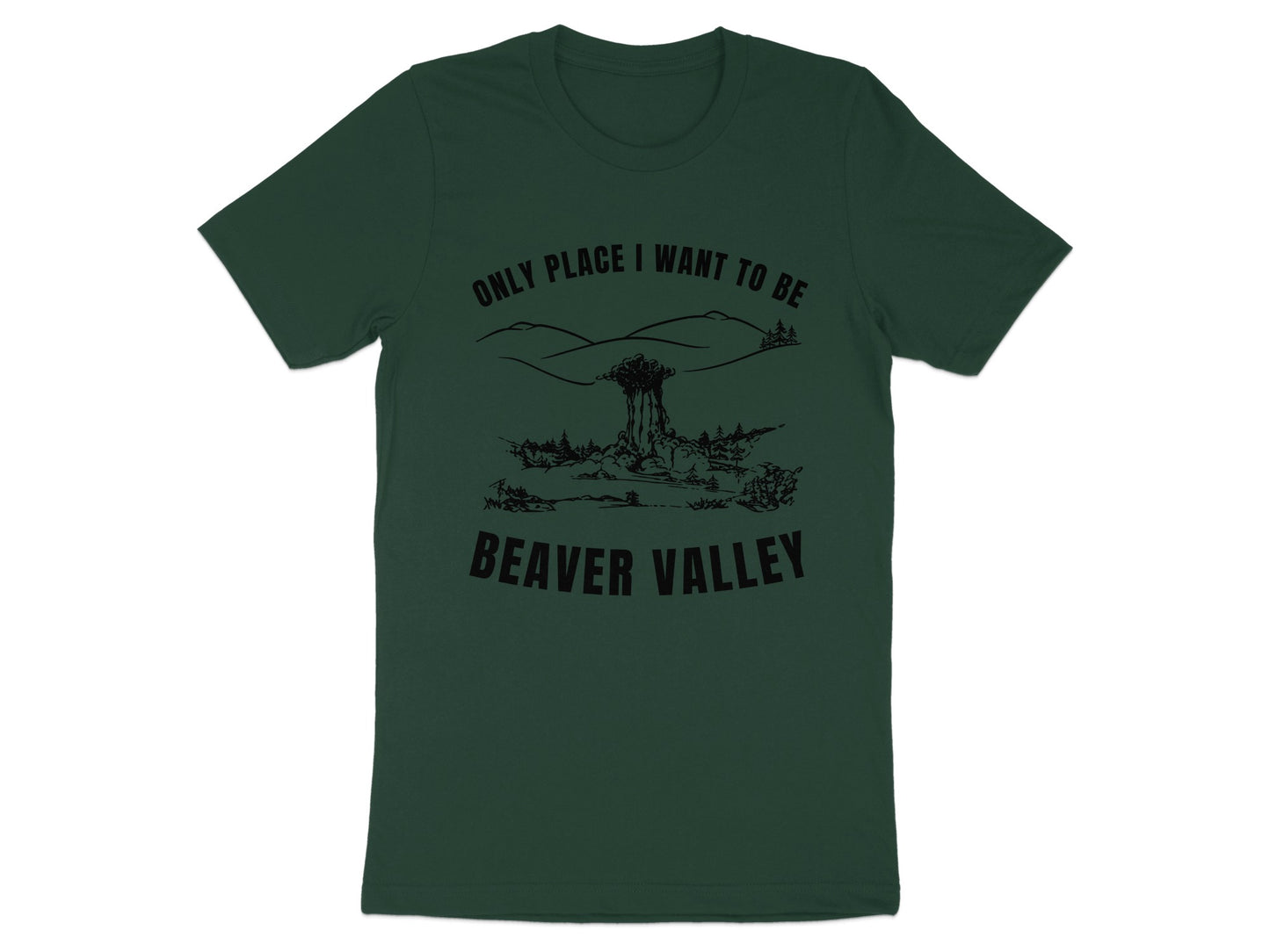 Dark green t-shirt with black text and landscape graphic.